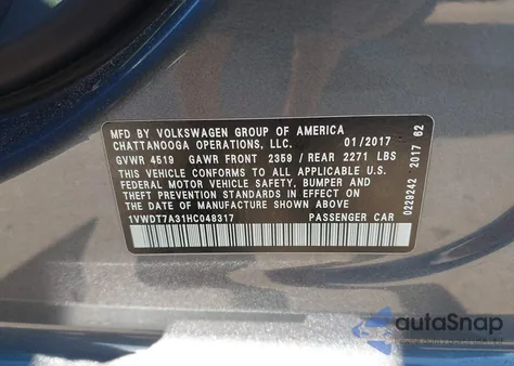 2017 Volkswagen Passat 1.8T R-Line z USA, uszkodzony, nr VIN 1VWDT7A31HC048317